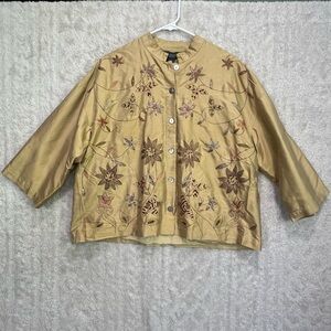 100% Silk Embroidered Button Up Shirt Jacket Stand Collar Sz M Floral Beaded